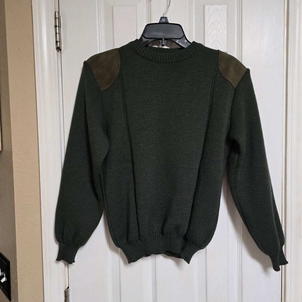 WOOLYBACK Crew Neck Pure Wool Thick Chunky Sweater Suede Patches‎ England  11/12